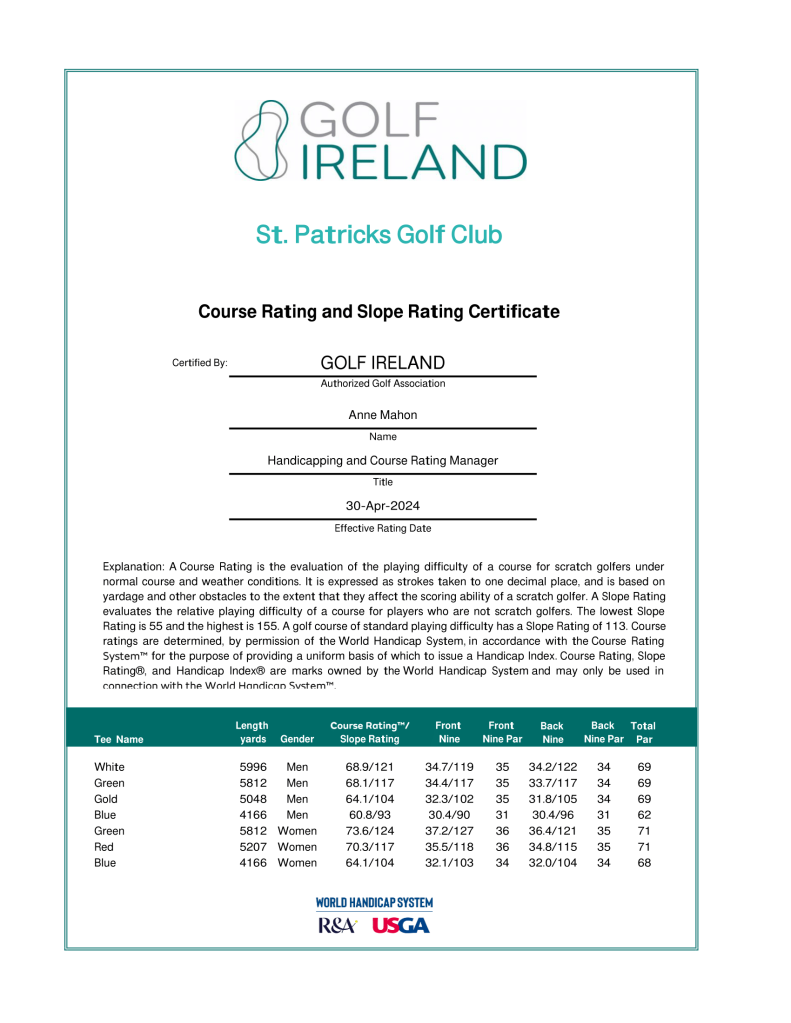 Course Rating and Slope Rating Certificate